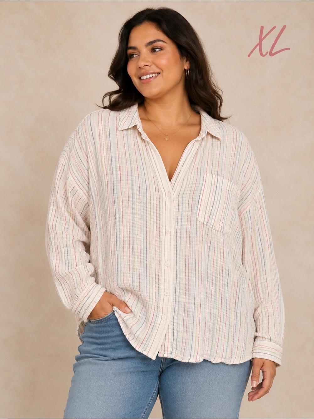 Universal Thread Cream Stripe Button-Front Shirt XL
Pit 18”
Length 22”